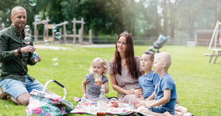 Pappa som blåser såpbubblor, tre barn och mamman sitter på en filt på gräset och ser på och fika.