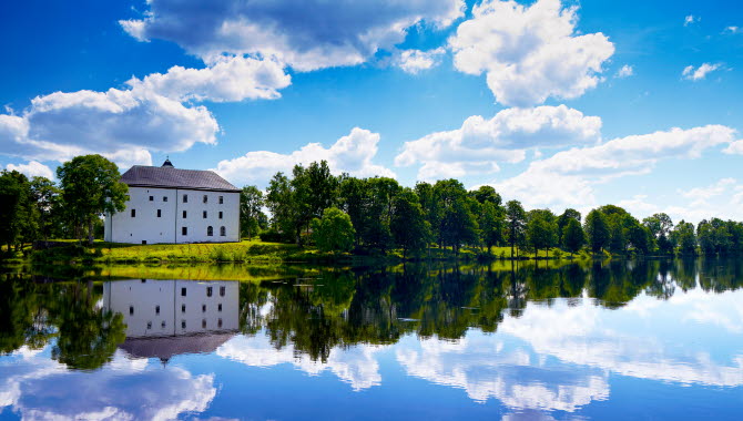 Vitt slott i grön omgivning med en sjö framför