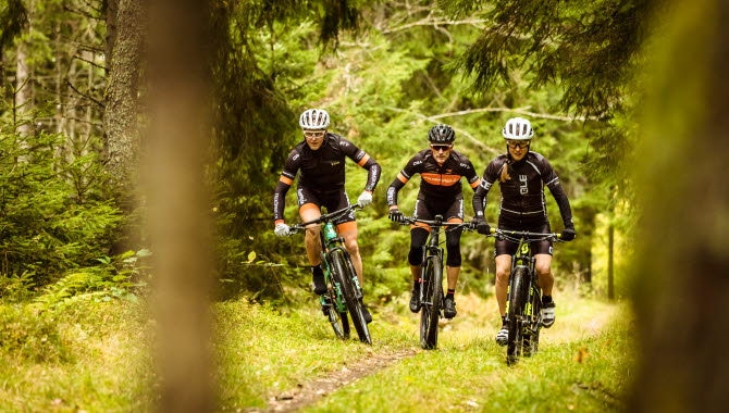 Tre MTB-åkare som kör i skogen.