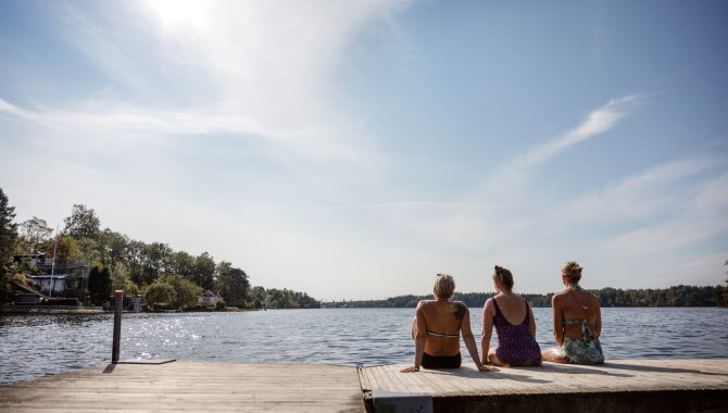 Tre kvinnor sitter på en brygga med ryggen mot kameran. Sjön i bakgrunden.